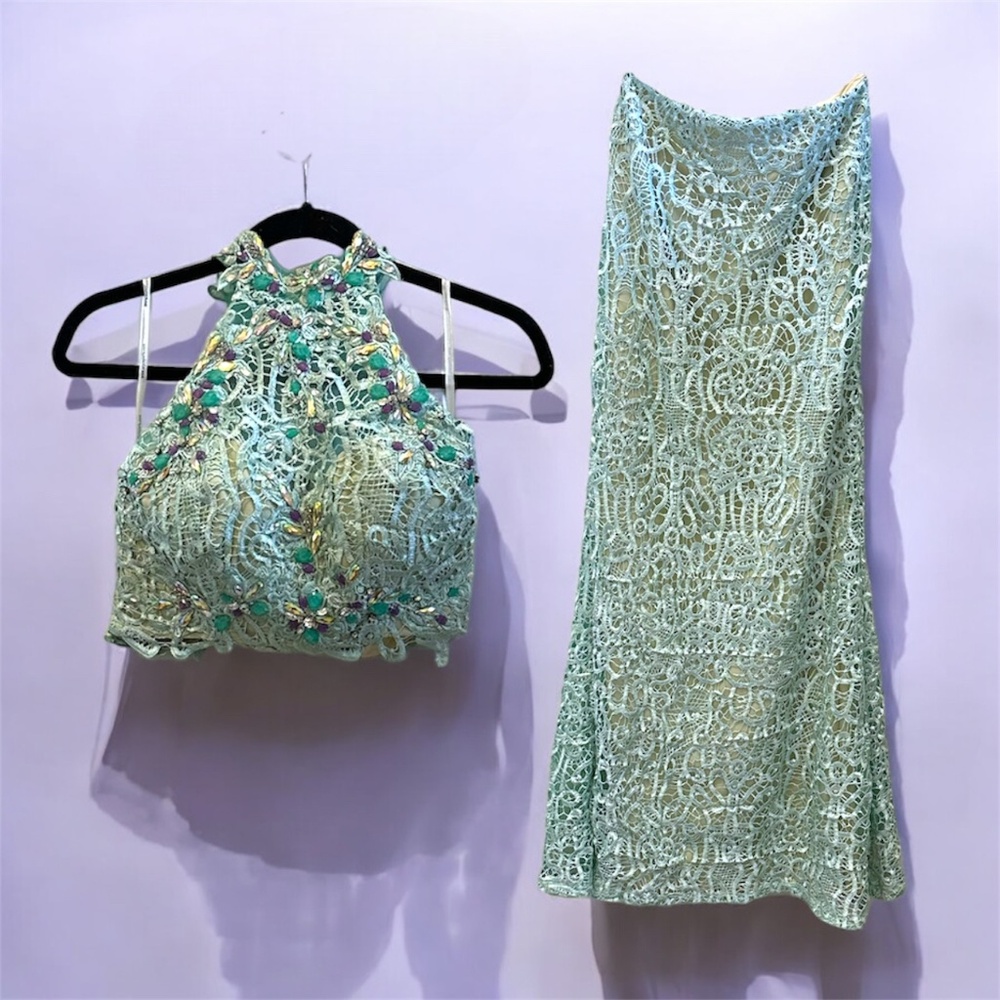 Alyce Paris Halter Neck Two Piece Teal Prom Dress